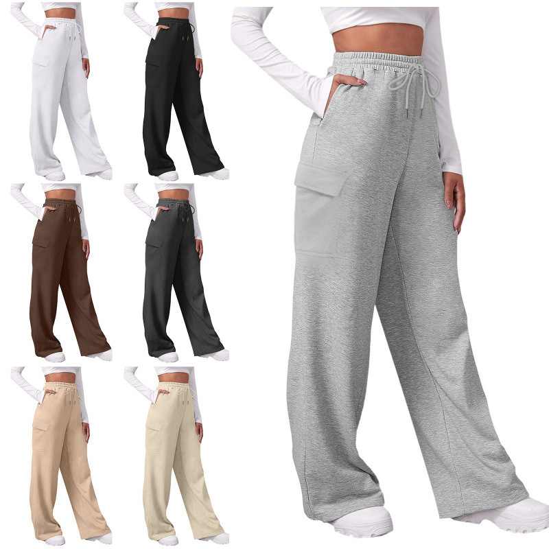 Women's High-Waisted Workwear Sports Sweatpants, Wide-Leg Loose Joggers, Straight Pants with Multiple Pockets, European and American Casual Style