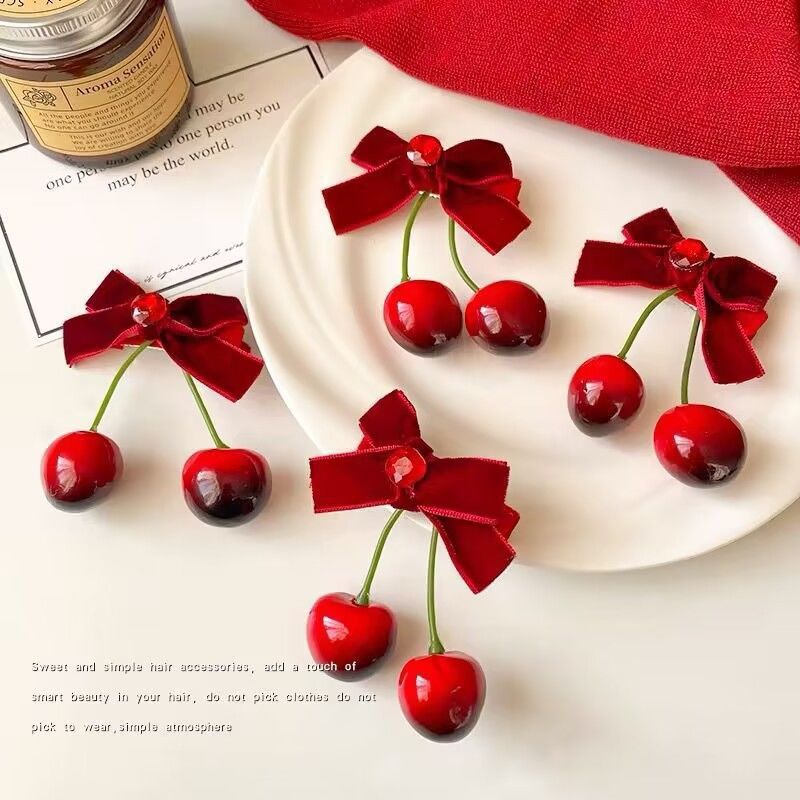冬日氛围大樱桃红色蝴蝶结丝绒发夹diy夹子边夹头饰发饰小众古风