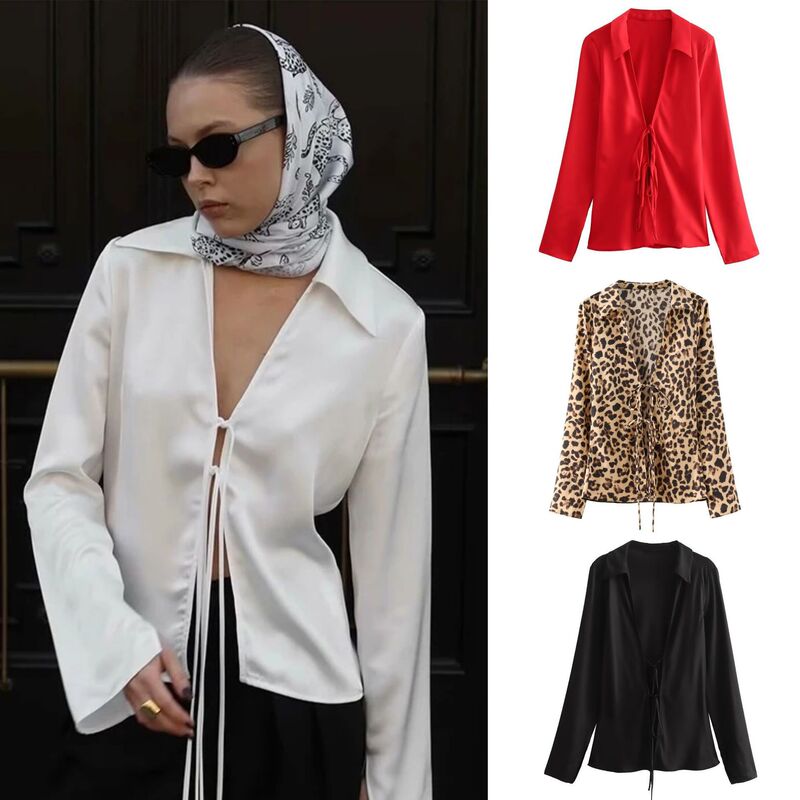 Cross-Border Foreign Trade European and American Women's Clothing Aliexpress Spring Fashion Bow Tie Silk Satin Leopard Print Solid Color Shirt Cross-Border Foreign Trade European and American Women's Clothing Aliexpress Spring Fashion Bow Tie Silk Satin Leopard Print Solid Color Shirt