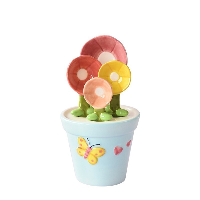 Cuchara de medición de cerámica base de flores mariposa creativa cuchara de sal doméstica cuchara de azúcar con escala fuente de fábrica