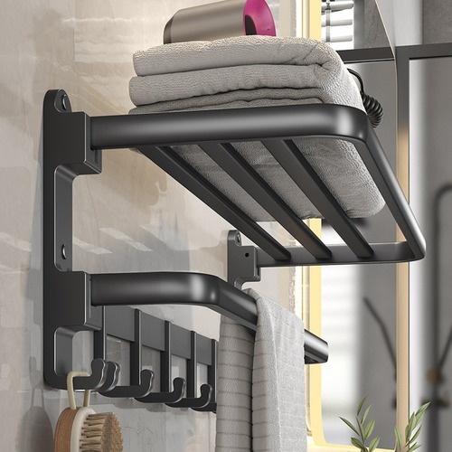 Folding towel rack without punching space aluminum bathroom wall hanging storage toilet hanging rod hanging bath towel bathroom storage rack