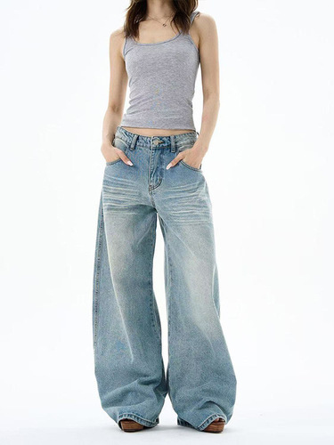 Ivy League style wide-leg jeans for men and women, new autumn item curved knife pants, plus size retro baguette banana pants, slimming long