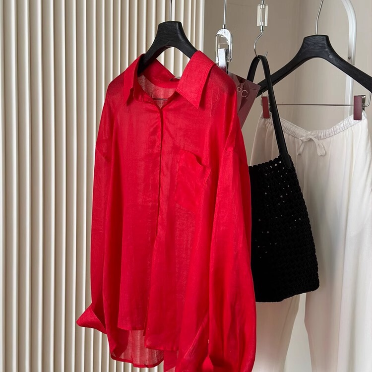 2640 # Red Linen Normcore Style Shirt for Women 2025 Summer New Korean Style Designer Thin Top