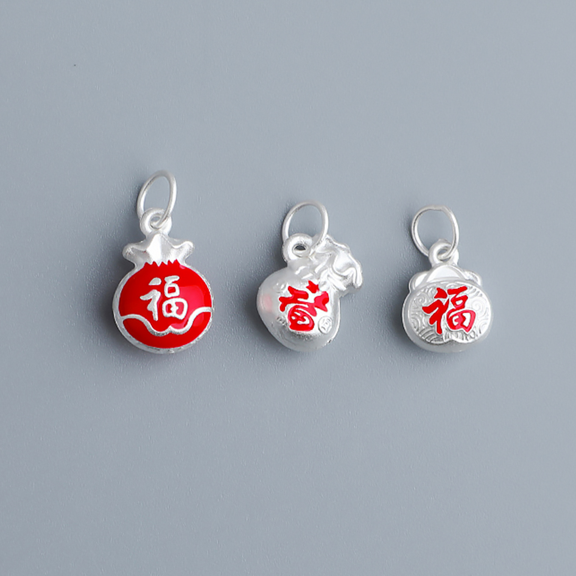 S999銀3D硬銀滴膠福字錢袋吊墜DIY手工串珠手鍊花紋福袋掛件飾品