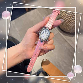 镶钻椭圆鹅卵形石贝母潮流女表时尚百搭石英手表绸带牛皮表带腕表