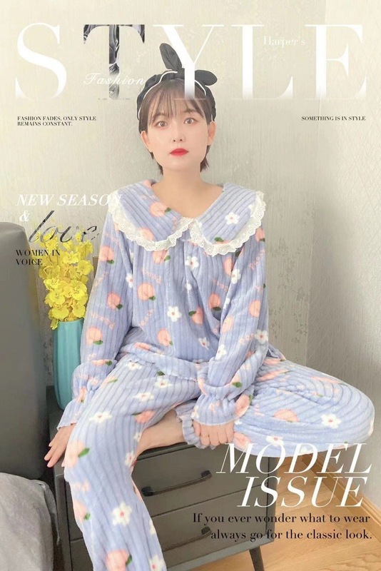 秋冬季珊瑚绒睡衣套装女加绒加厚家居服时尚可外穿法兰绒开衫睡袍|undefined