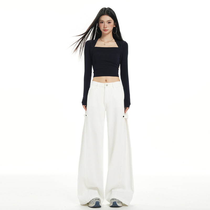 American Retro｜Buckle Design｜Solid Color French Washed Lazy and Relaxed Loose Wide-Leg Jeans for Women