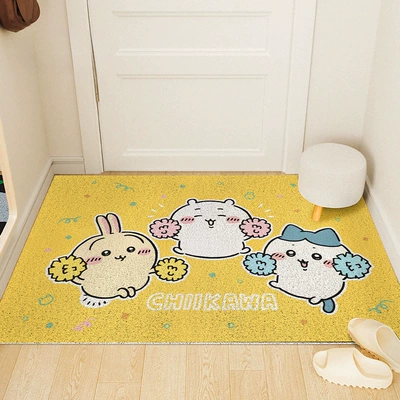Avtomobil döşəmə paspasları — Dirt-Scraping Easy-Care Non-Slip Mat - queuing-cute-rabbit-yellow-background-4060cm-silk-circle