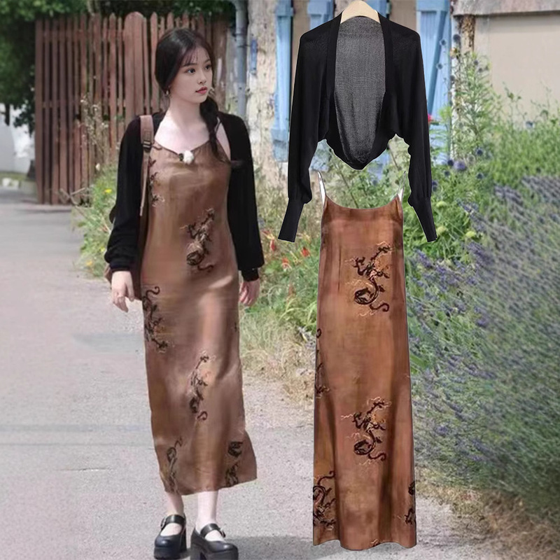 In-Stock Yu Sixin Style New Chinese-Style Brown Dragon Print Strap Dress Long Dress Black Sun-Protective Cardigan for Women