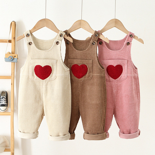 Children's clothing 2024 new children's overalls Korean style corduroy overalls for boys and girls love embroidered jumpsuits