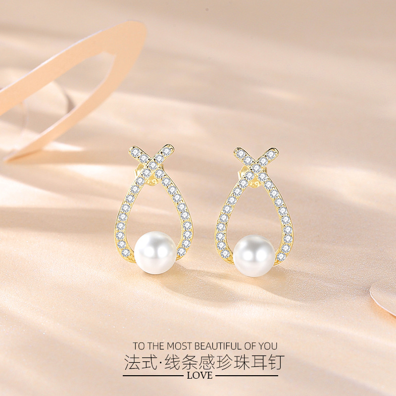Pendientes de perlas de plata esterlina S925 pendientes de perlas de moda de alto grado de las mujeres pendientes de perlas cruzadas de diamantes franceses