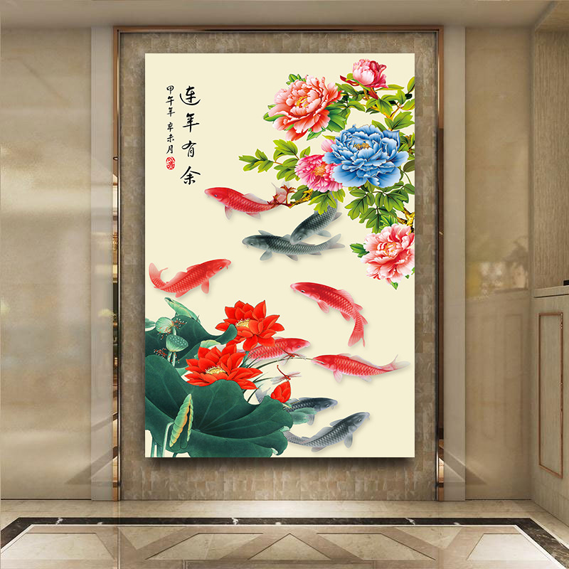 九魚図装飾画招財風水客間廊下通路入戸玄関壁画ハスの花竹壁貼り掛け絵|undefined
