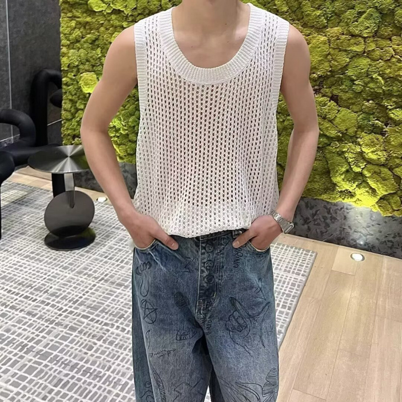 镂空设计感网眼针织背心潮男宽松透视装无袖恤小众时尚打底坎肩