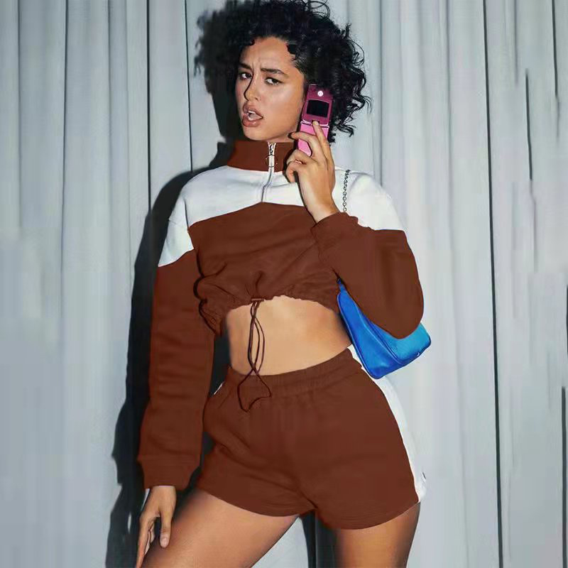 Pantaloncini casual da donna con coulisse a contrasto, felpa da donna, abito a due pezzi in quattro pezzi_voghion.com