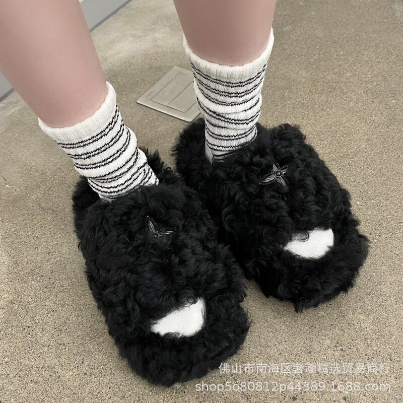 French-Style Flat Black Balloon Velvet Wool Slippers for Women with Cross-Pattern Leather, Short Plush, Thick-Soled Slip-On Slippers for Outdoor Wear