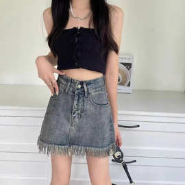美式毛边牛仔半身裙女2025夏辣妹高腰显瘦包臀裙流苏a字短裙跨境