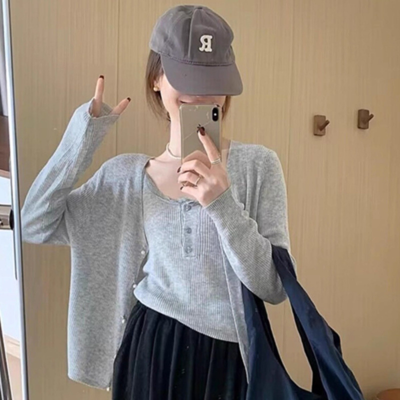 花边吊带两件套针织衫上衣女秋季新款甜美气质简约风百搭套装时尚|undefined