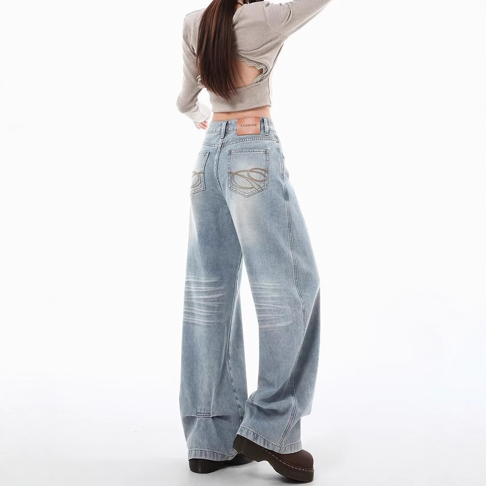 Personalized Creased Pleated Wide-Leg Jeans for Women 2025 Autum New High-Waist Slim Embroidered Loose Straight Pants
