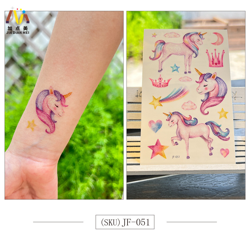 Amazon Venta caliente brillo lindo postre de Navidad unicornio niños tatuaje pegatinas impermeable tatuaje de larga duración