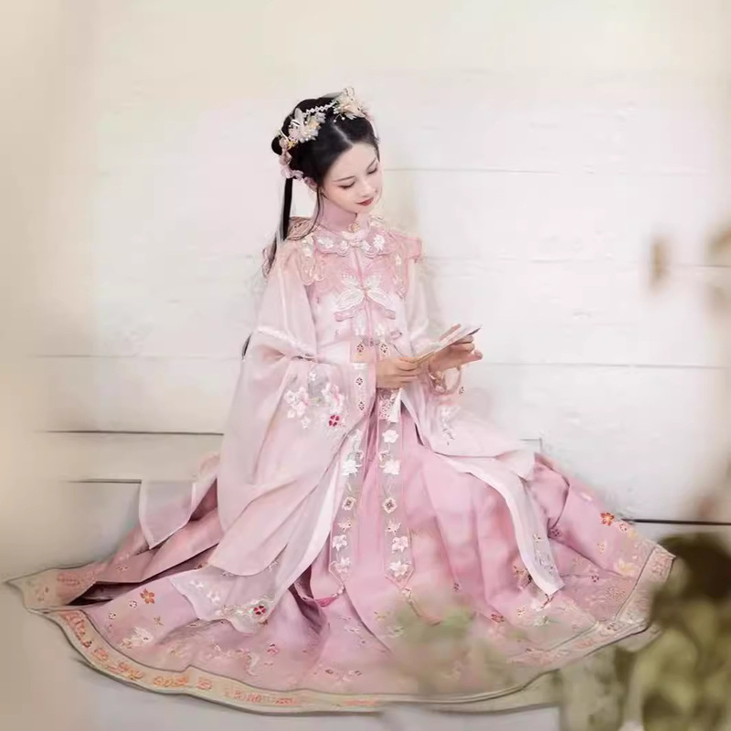 New [Flower Sleepless] Guofeng Pink Ming Cloud Shoulder Collar Pair Long Shirt Hanfu Horse Face Dress Women's Spring and Summer