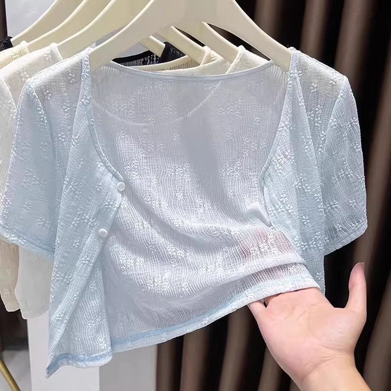 Lace Short-Sleeved Cardigan, Thin Sun Protection Women's Summer Suspender Skirt, Blouse, Short Mesh Shawl