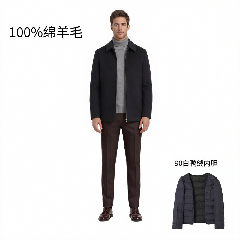 High-end wool down jacket for men, autumn and winter, with graphene lining, 90% white duck down, turn-down collar, short style, business casual coat High-end wool down jacket for men, autumn and winter, with graphene lining, 90% white duck down, turn-down collar, short style, business casual coat