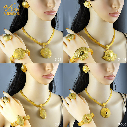 24K Gold Plated Dubai Necklace Earrings Ring Bracelet Set Indian Bride Jewelry Set Wholesale
