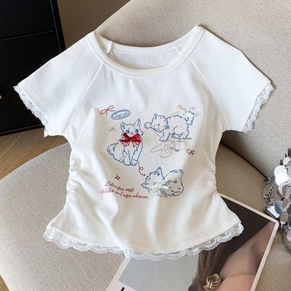 Sweet and Cute Kitten Lace Short-Sleeved T-Shirt for Women in Summer, Pure Desire, Slim Fit, Fashionable Short Top Chic Sweet and Cute Kitten Lace Short-Sleeved T-Shirt for Women in Summer, Pure Desire, Slim Fit, Fashionable Short Top Chic