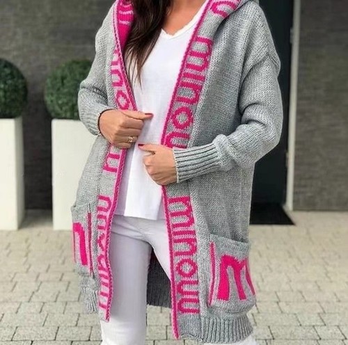 Women's European and American Knitted Cardigan, Medium Long Length Sweater Coat, Letter Hooded Knitted Women's Clothing