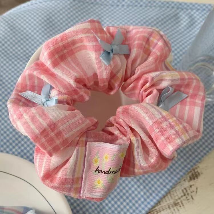 8＃格纹丝带蝴蝶结-粉色