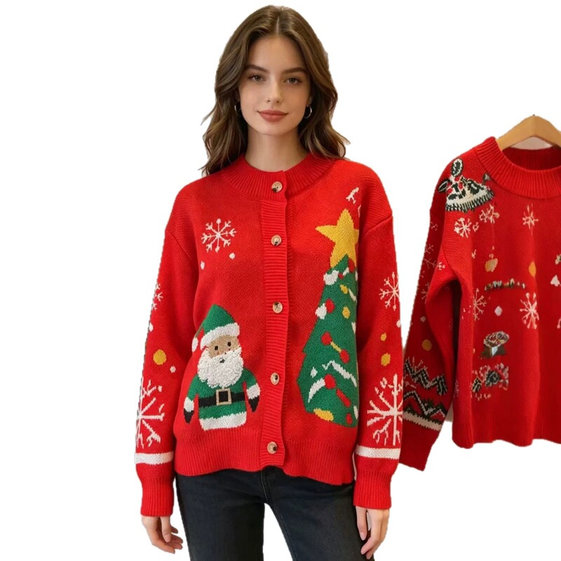 In-stock cross-border European and American export Santa Claus knit cardigan for women, loose fit, dropped shoulders, Christmas tree and snowflake jacquard sweater In-stock cross-border European and American export Santa Claus knit cardigan for women, loose fit, dropped shoulders, Christmas tree and snowflake jacquard sweater
