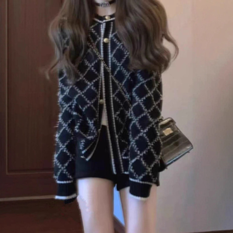 法式高级感拼色菱格灰色针织开衫上衣女春季外搭慵懒风毛衣|undefined