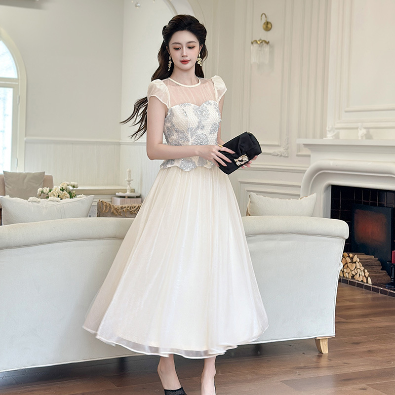 Váy lưới giả hai mảnh thiết kế cổ tròn ôm vừa vặn kiểu Pháp — xanh xám