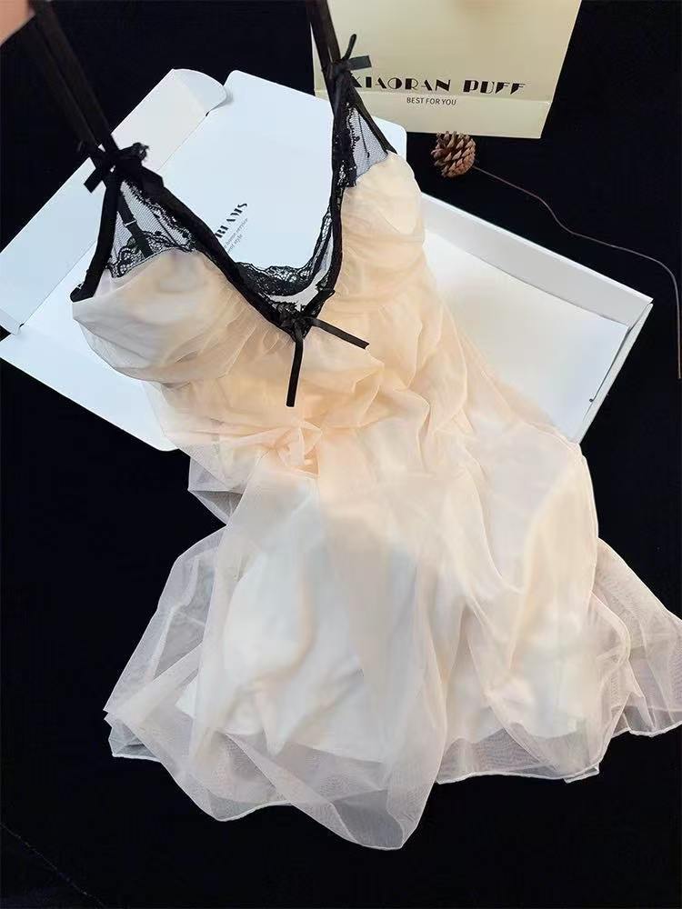 Summer Mesh Suspender Nightgown, Sweet Push-Up Style with Breast Pads, Pink Skin Tone — detail image 5
