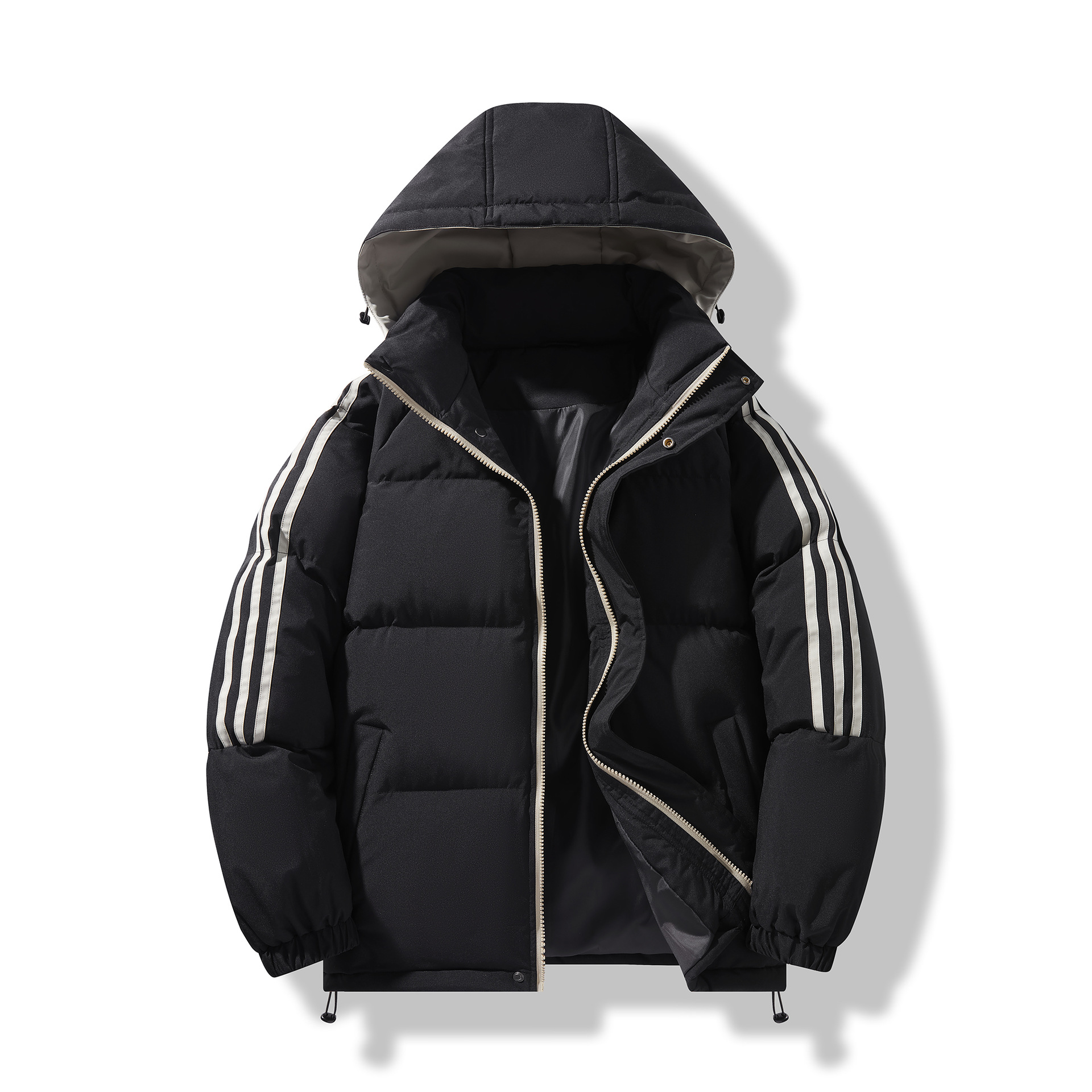 Down cotton-padded jacket men's cross-border couple's cotton-padded jacket hooded three-bar cotton-padded jacket outdoor bread clothing thickened warm plus size coat