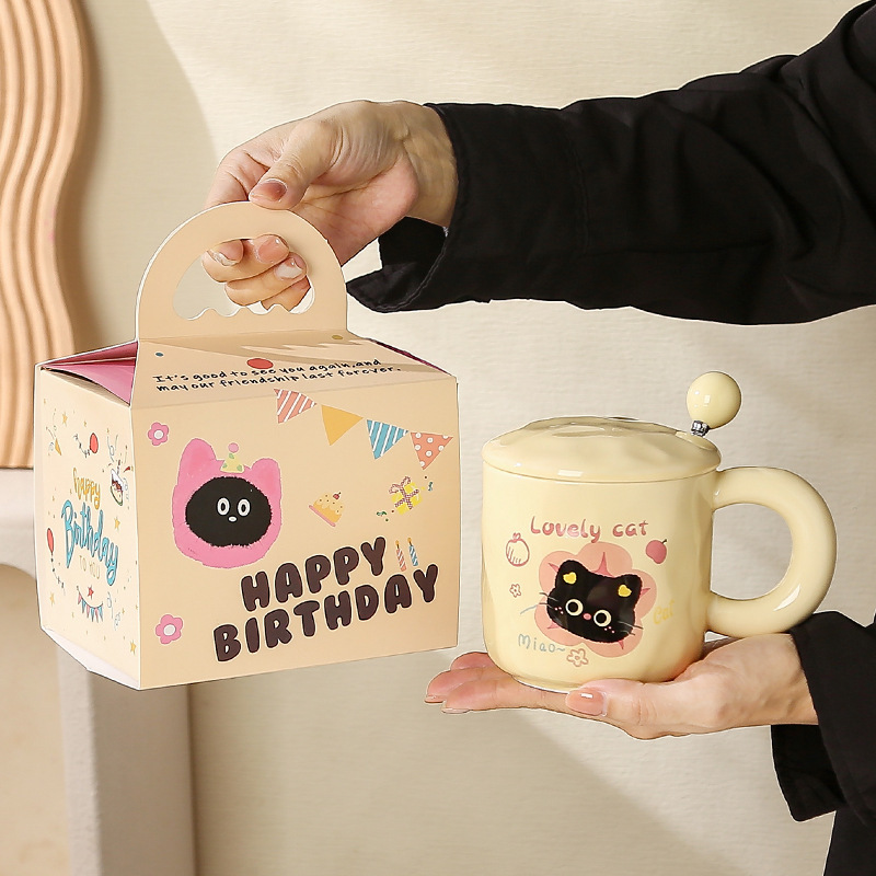 小さな黒猫かわいいクリエイティブエレガントシンプルな漫画マグ立体セラミックカップかわいいお土産ギフトボックスセット|undefined