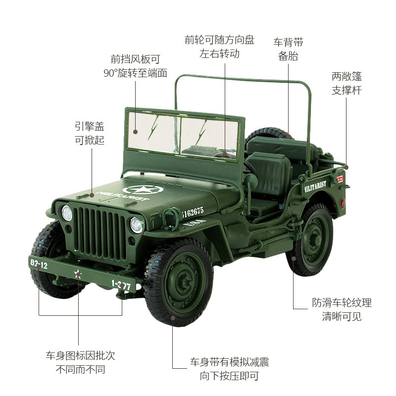 1:18 Segunda Guerra Mundial Willis Jeep táctico modelo de aleación de automóvil recuerdos de veteranos simulación adornos al por mayor