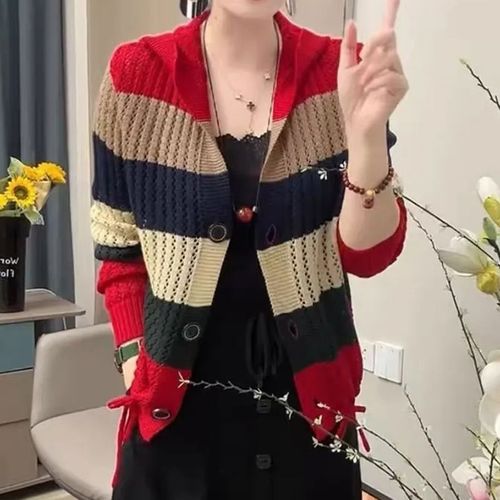 Fashion Striped Hooded Knit Cardigan for Women Spring and Autumn Slim Fit Layered Casual Loose Long Sleeve Sweatshirt