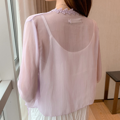 Summer sun protection clothing chiffon shawl jacket women's short cardigan with waistcoat chiffon mid-sleeve thin top for women