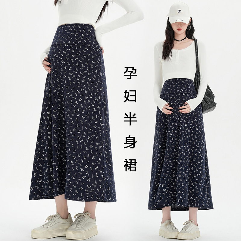 Maternity Wear 2025 Autumn and Winter New Korean Style Floral Daily Work Clothing Without Support Belly Adjustable Pregnancy Skirt Autumn Wear