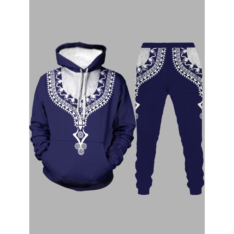 Estilo étnico colorido color de contraste 3d HD estampado suéter con capucha pantalones con cordón MC11-ML1 de dos piezas