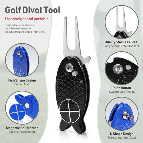 New fish type golf green fork folding spring ball fork metal head repair pitchfork course supplies manufacturer