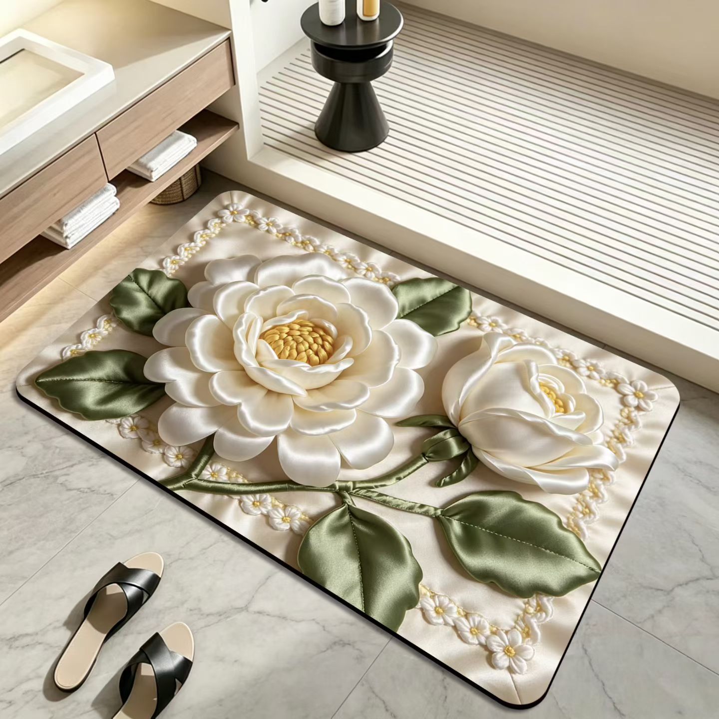 3D estereoscópico flor alfombra de baño absorción de agua antideslizante cojín de barro de diatomeas puerta de baño secado rápido cojín de pies resistente al desgaste