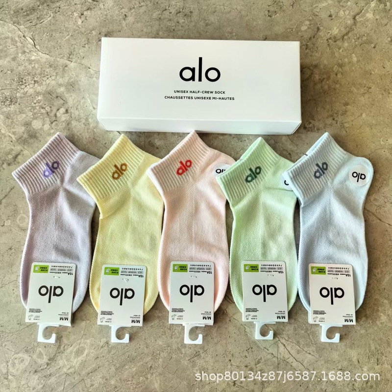 新品alo男女5双盒装运动短袜四季吸汗纯色网眼棉袜时尚男女情侣袜|undefined