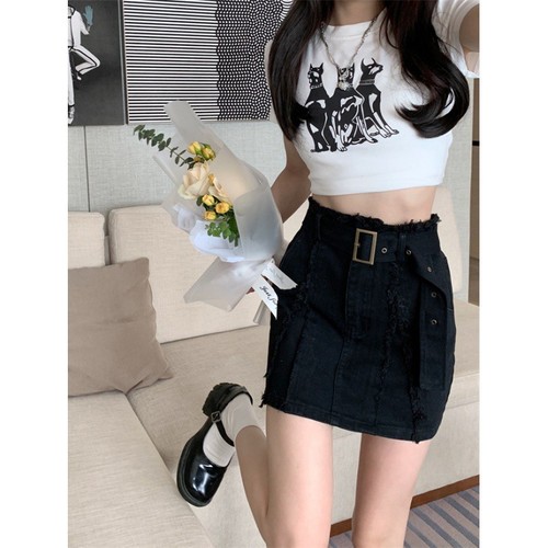 American cowboy half-length skirt women's summer hot girl high-waisted black A-line mini skirt dress Instagram trendy