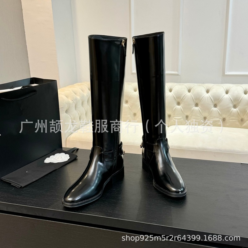 高端2025秋冬小香真皮英伦复古平跟金属链条侧拉链高筒骑士靴长靴|undefined
