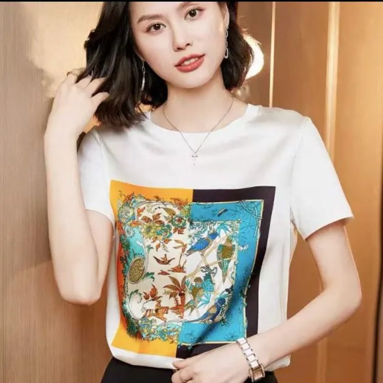 AB impreso de manga corta de verano impreso camiseta de las mujeres blancas de reducción de edad elegante adelgazar superior de secado rápido todo partido redondo image 12