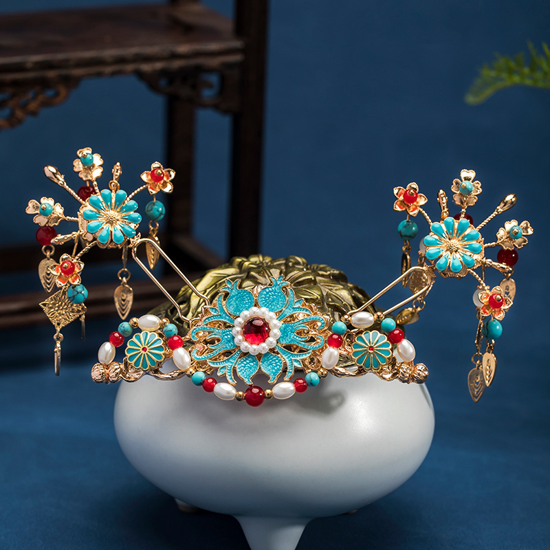 Ancient Style Burnt Blue Han Dynasty Headdress Tang Style Hairpin Hair Accessories Set Retro Accessories Tassel Hairpin National Style New Chinoiserie Ancient Style Burnt Blue Han Dynasty Headdress Tang Style Hairpin Hair Accessories Set Retro Accessories Tassel Hairpin National Style New Chinoiserie