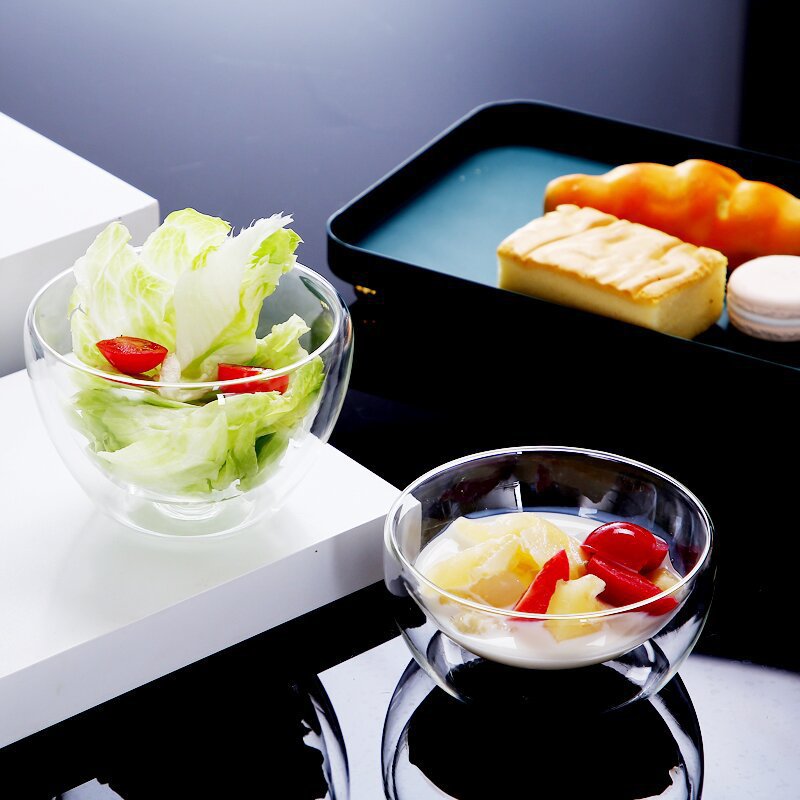 Vidrio de borosilicato tazón de doble capa aislado vidrio transparente cocina tazón de fideos instantáneos ensalada de frutas y verduras tazón hogar