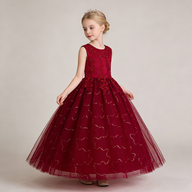 Children's Long Wedding Dress, Fluffy Mesh Princess Dress, 3-15 Years Old, Middle and Large Kidsren's Catwalk Party Performance Costume